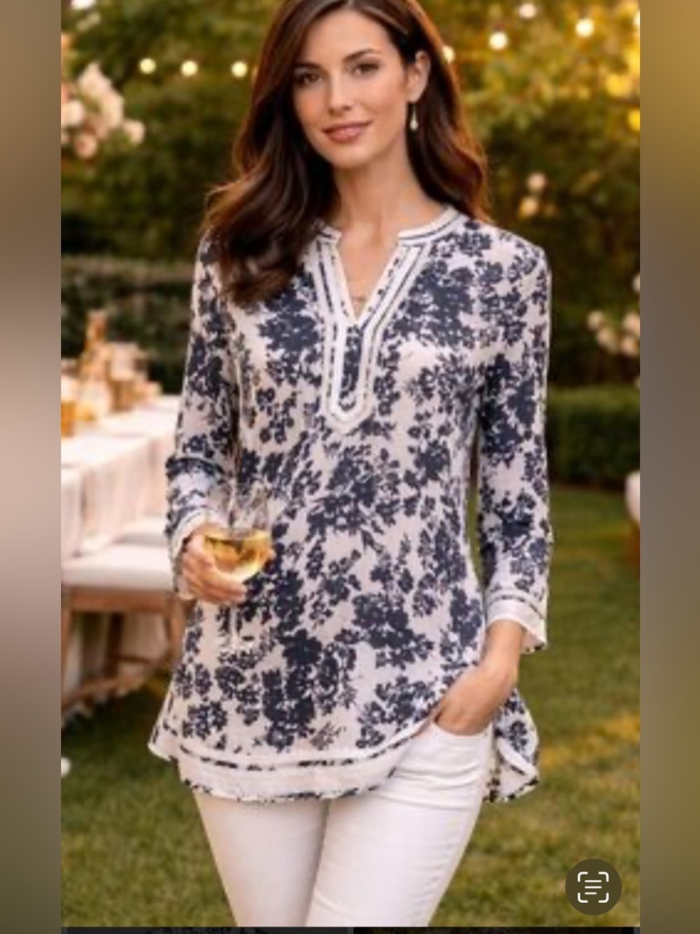 Open End 3X I Love Linen White Navy Floral 100% Linen Braided & Fringe Tunic Top